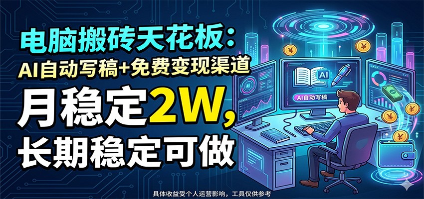 电脑搬砖天花板：AI自动写稿+免费变现渠道，月稳定2W，长期稳定可做-小艾项目网