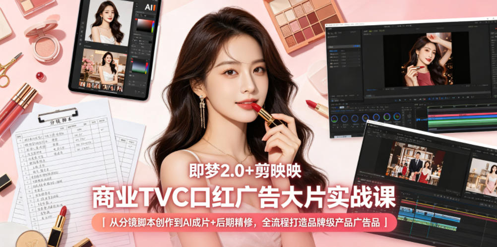 即梦2.0+剪映商业TVC口红广告大片实战课｜从分镜脚本创作到AI成片+后期精修，全流程打造品牌级产品广告-小艾项目网