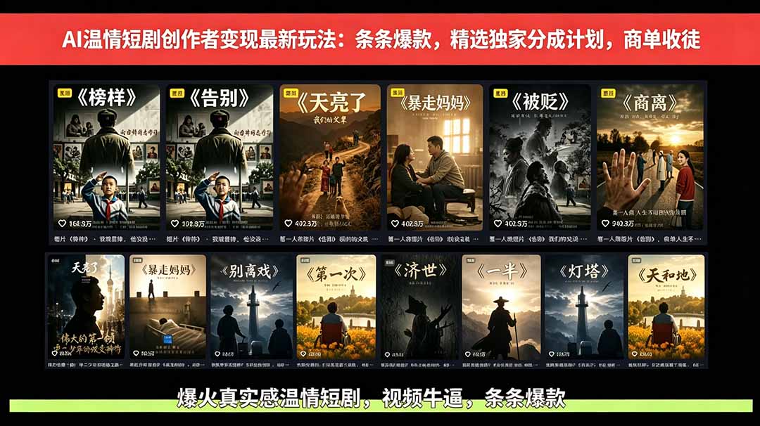 AI温情短剧创作者变现最新玩法：视频牛逼，条条爆款，精选独家分成计划，商单收徒-小艾项目网