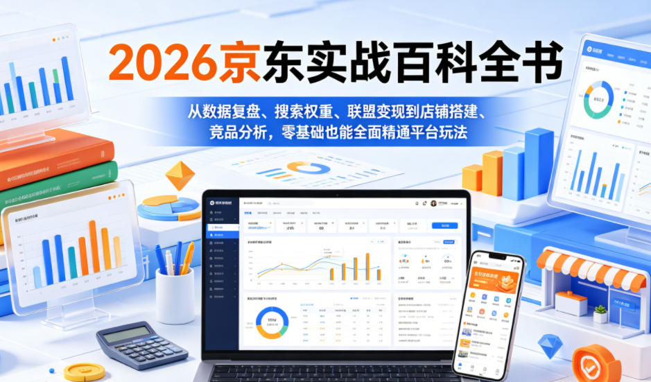 2026京东实战百科全书，从数据复盘、搜索权重、联盟变现到店铺搭建、竞品分析，零基础也能全面精通平台玩法-小艾项目网