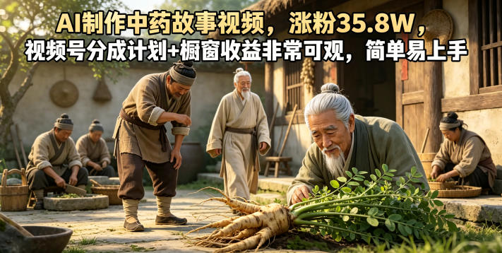 AI制作中药故事视频，涨粉35.8W，视频号分成计划+橱窗收益非常可观，简单易上手-小艾项目网