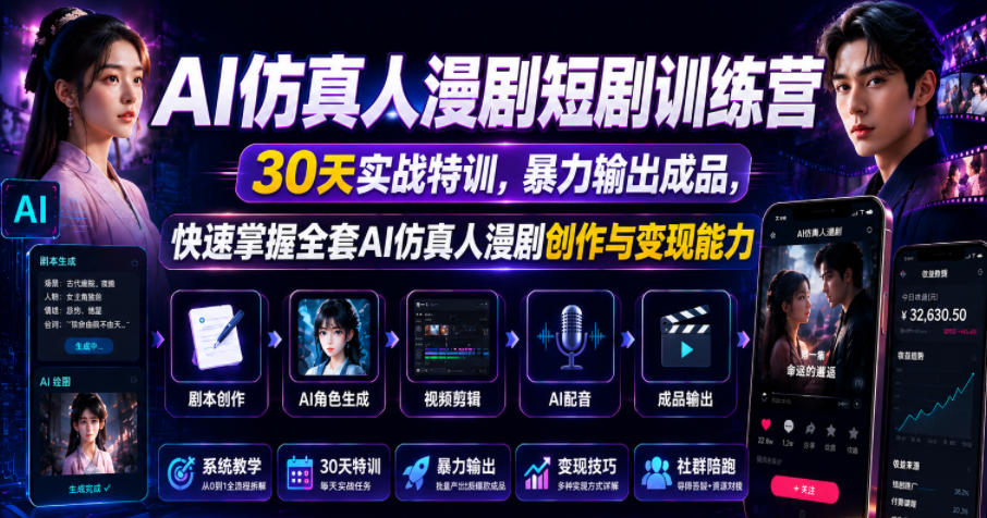 AI仿真人漫剧短剧训练营，30天实战特训，暴力输出成品，快速掌握全套AI仿真人漫剧创作与变现能力-小艾项目网