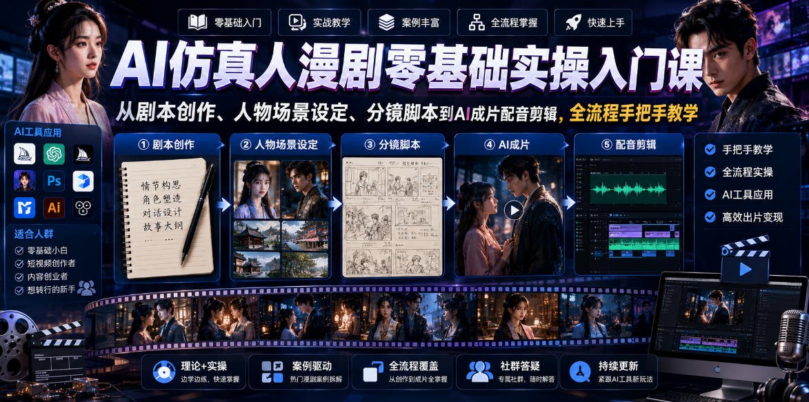 AI仿真人漫剧零基础实操入门课,从剧本创作、人物场景设定、分镜脚本到AI成片配音剪辑,全流程手把手教学-小艾项目网