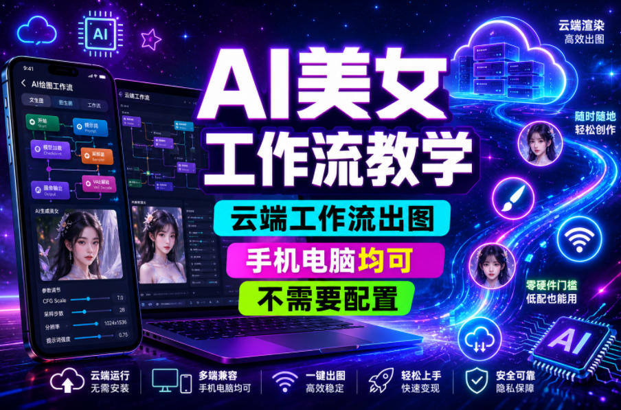 AI美女工作流教学，云端工作流出图，手机电脑均可，不需要配置，快速起号涨粉-小艾项目网
