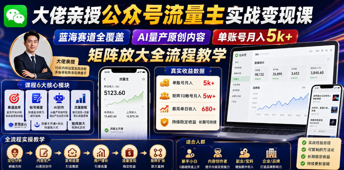 大佬亲授公众号流量主实战变现课，蓝海赛道全覆盖，AI量产原创内容，单账号月入5k+矩阵放大全流程教学-小艾项目网