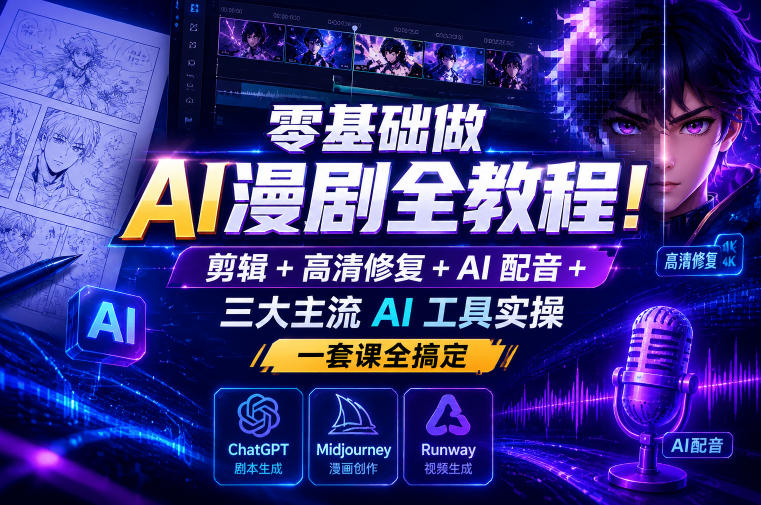 零基础做AI漫剧全教程!剪辑+高清修复+AI配音+三大主流AI工具实操,一套课全搞定-小艾项目网