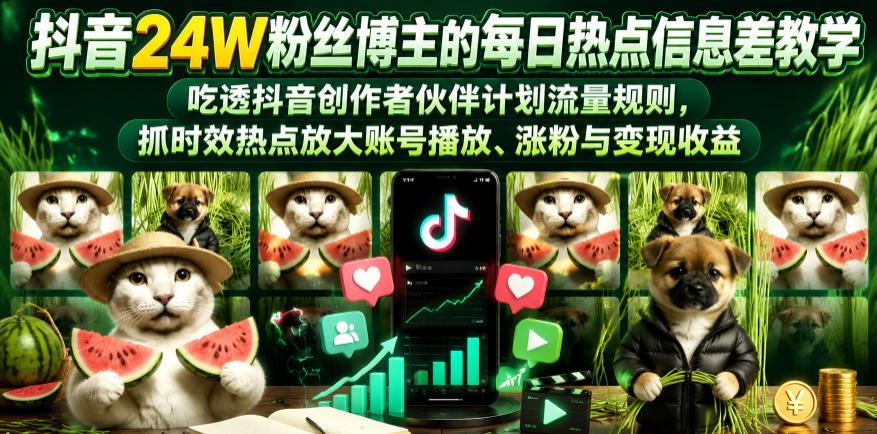 抖音24W粉丝博主的每日热点信息差教学,吃透创作者伙伴计划流量规则,抓时效热点放大账号播放、涨粉与变现收益(更新)-小艾项目网