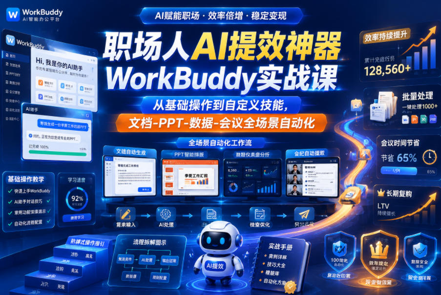 职场人AI提效神器WorkBuddy实战课,从基础操作到自定义技能,文档-PPT-数据-会议全场景自动化-小艾项目网