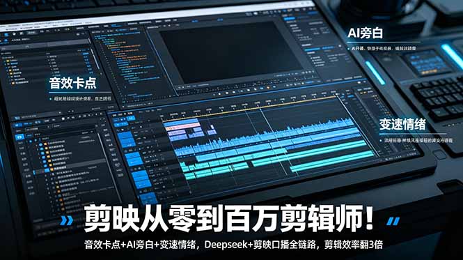 剪映从零到百万剪辑师!音效卡点+AI旁白+变速情绪,Deepseek+剪映口播全链路,剪辑效率翻3倍-小艾项目网