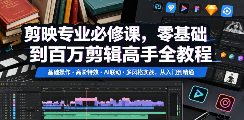 剪映专业必修课,零基础到百万剪辑高手全教程,基础操作・高阶特效・AI联动・多风格实战,从入门到精通-小艾项目网
