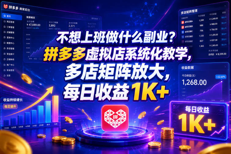 不想上班做什么副业?拼多多虚拟店系统化教学,多店矩阵放大,每日收益1K+【揭秘】-小艾项目网
