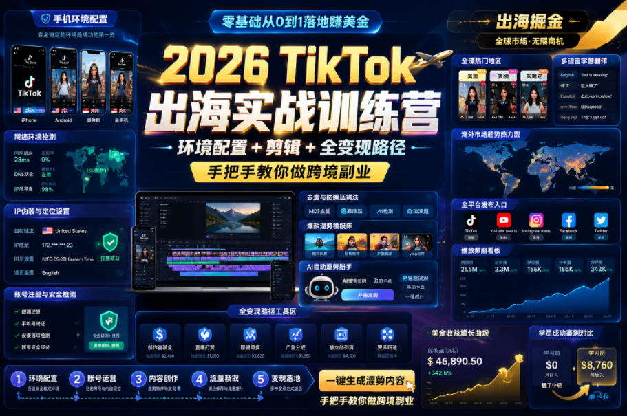 2026 TikTok出海实战训练营,环境配置 + 剪辑 + 全变现路径,手把手教你做跨境副业-小艾项目网