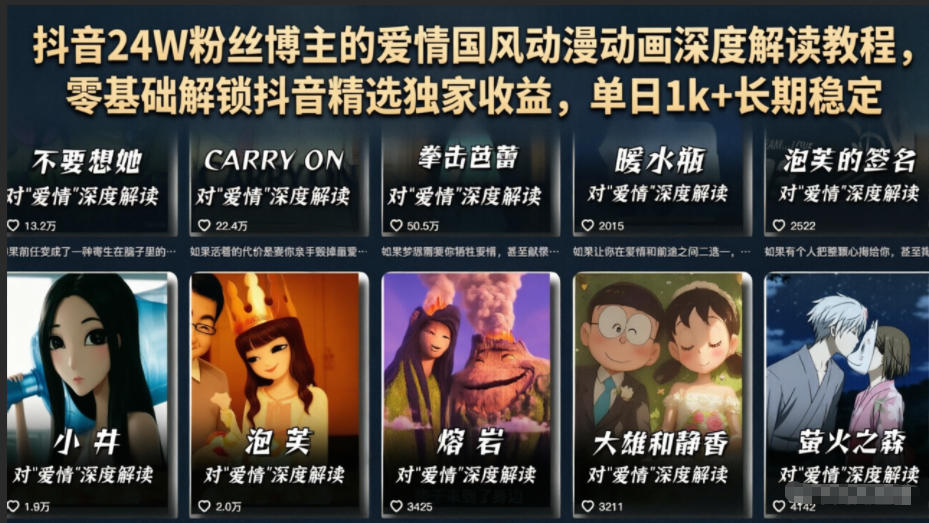 抖音24W粉丝博主的爱情国风动漫动画深度解读教程,零基础解锁抖音精选独家收益,单日1k+长期稳定-小艾项目网