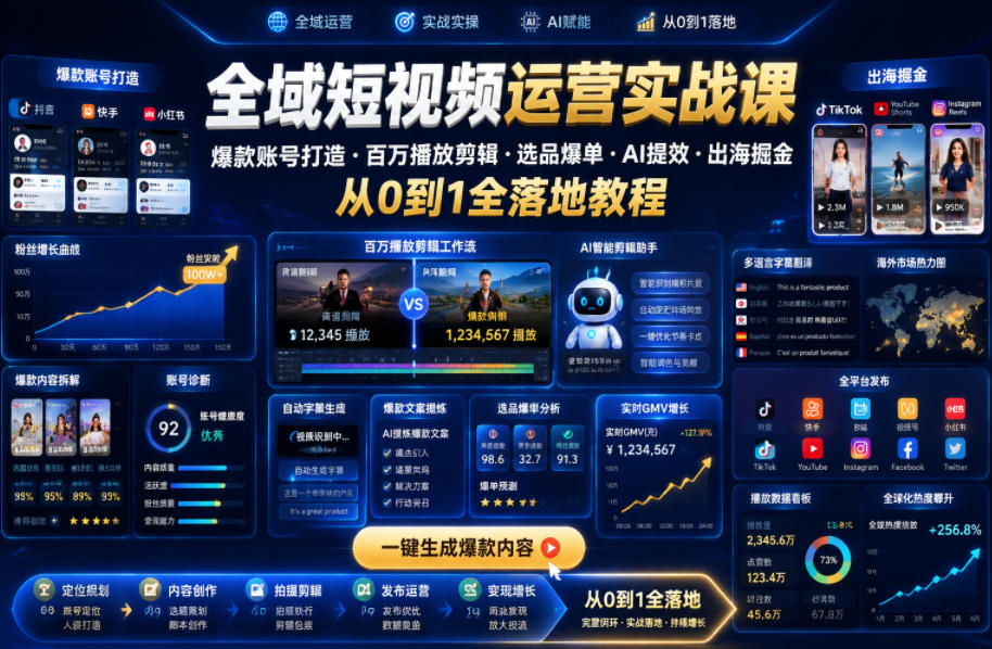 全域短视频运营实战课,爆款账号打造・百万播放剪辑・选品爆单・AI提效・出海掘金,从0到1全落地教程-小艾项目网