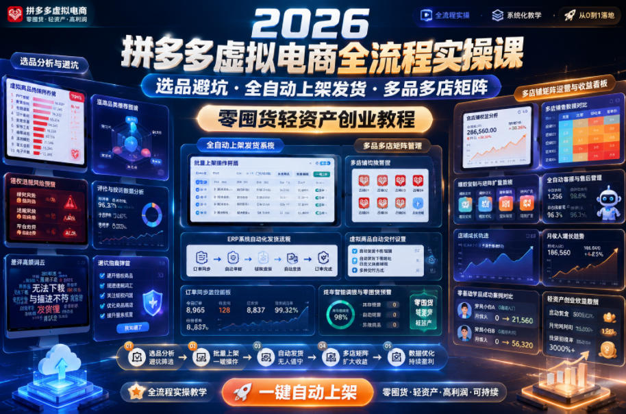 2026拼多多虚拟电商全流程实操课，选品避坑・全自动上架发货・多品多店矩阵，零囤货轻资产创业教程-小艾项目网