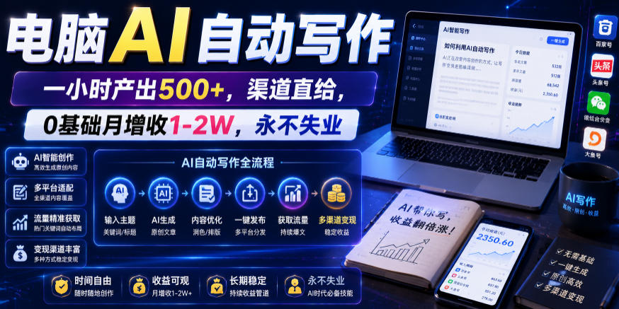 电脑AI自动写作,一小时产出500+,渠道直给,0基础月增收1-2W,永不失业【揭秘】-小艾项目网