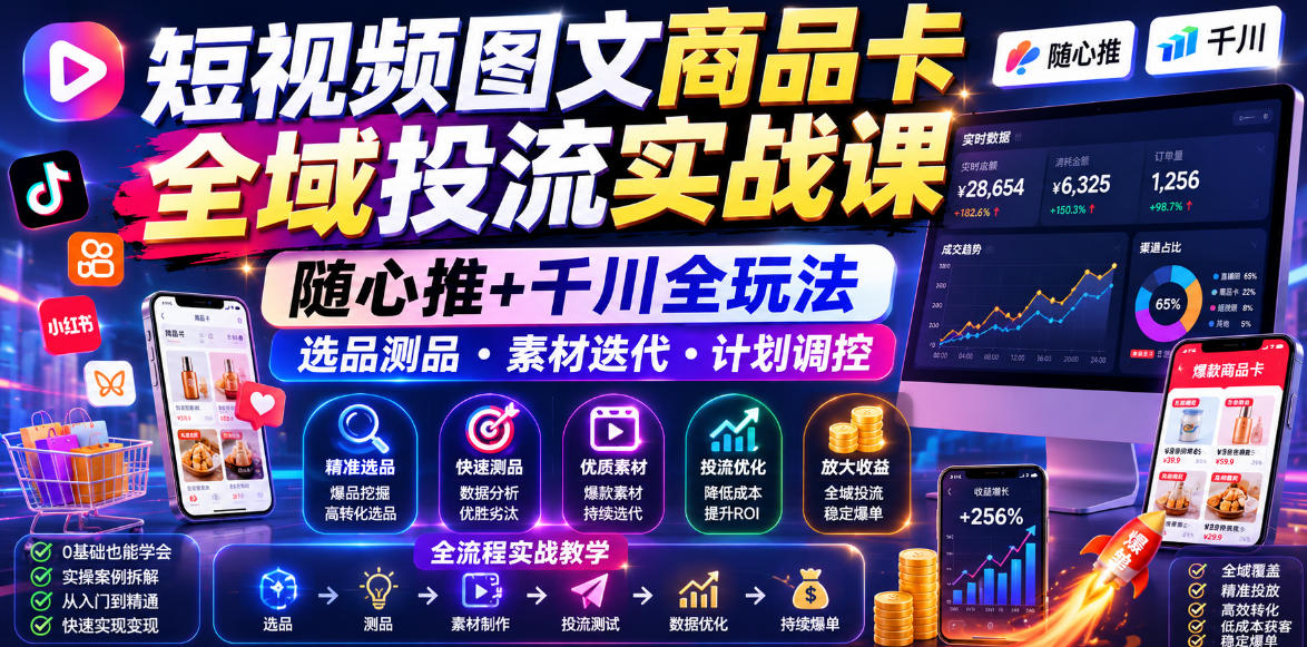 短视频图文商品卡全域投流实战课,随心推+千川全玩法,选品测品・素材迭代・计划调控,提升ROI爆单增收教程-小艾项目网