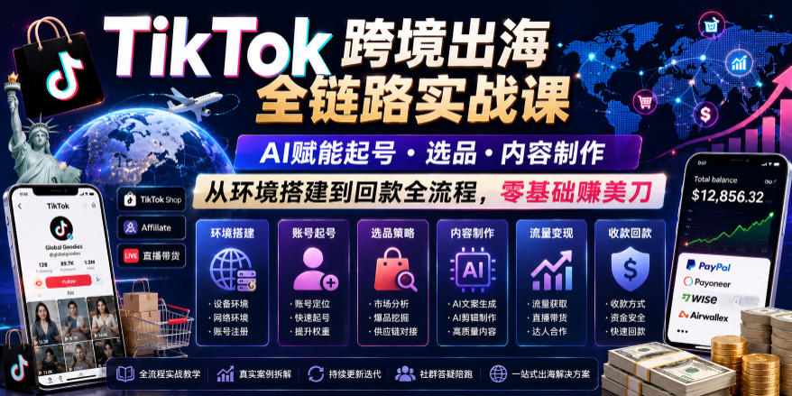 TikTok跨境出海全链路实战课,AI赋能起号・选品・内容制作,从环境搭建到回款全流程,零基础賺美刀-小艾项目网
