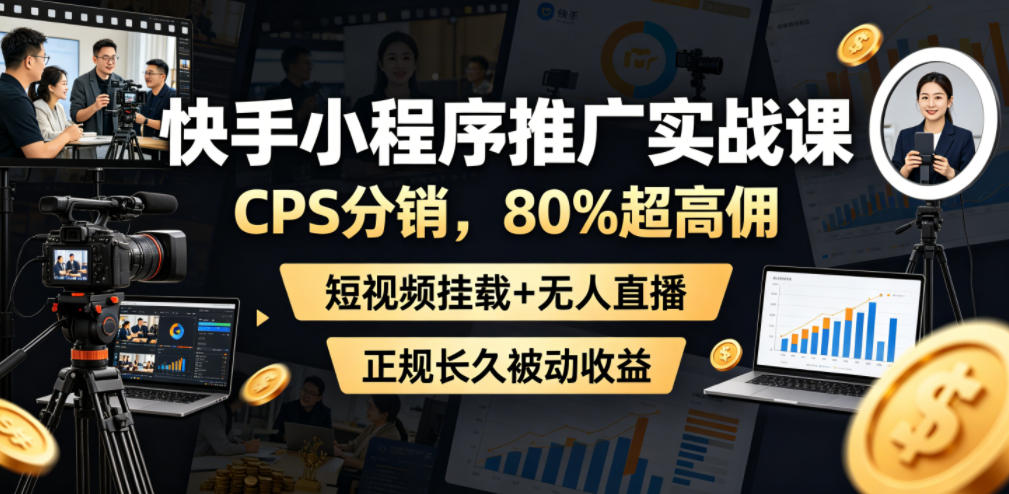快手小程序推广实战课，CPS分销，80%超高佣，短视频挂载+无人直播，正规长久被动收益-小艾项目网