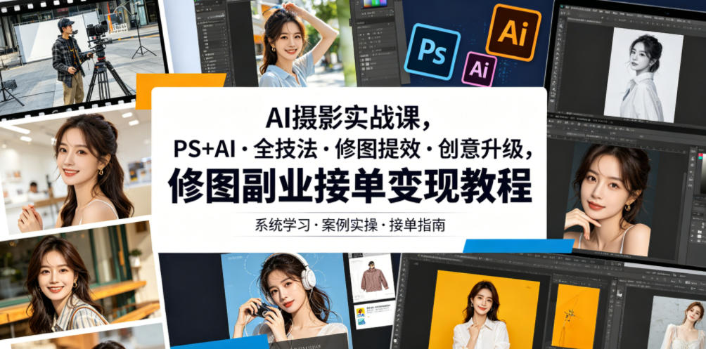 AI摄影实战课,PS+AI・全技法・修图提效・创意升级,修图副业接单变现教程-小艾项目网