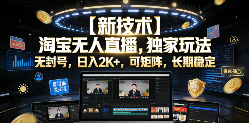 【新技术】淘宝无人直播,独家玩法,无封号,日入2K+,可矩阵,长期稳定【揭秘】-小艾项目网