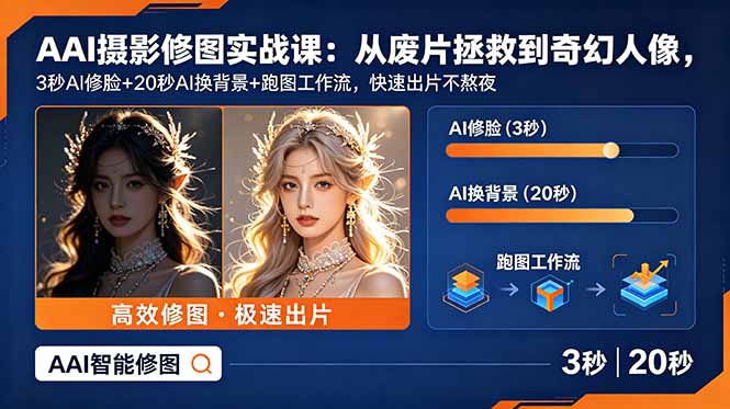 AI摄影修图实战课:从废片拯救 到 奇幻人像,3秒AI修脸+20秒AI换背景+跑图工作流,快速出片不熬夜-小艾项目网