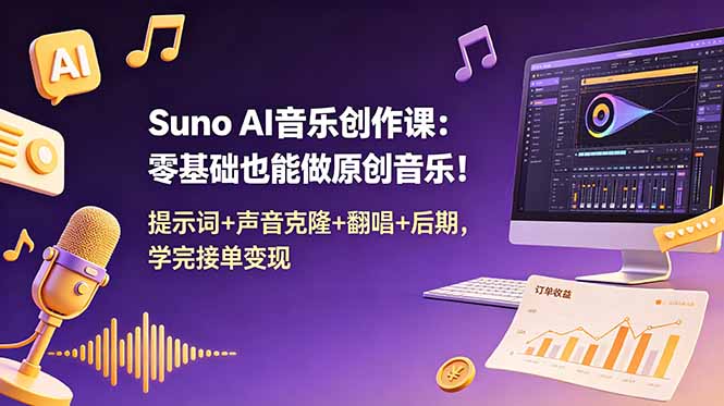Suno AI音乐创作课：零基础也能做原创音乐！提示词+声音克隆+翻唱+后期，学完接单变现-小艾项目网
