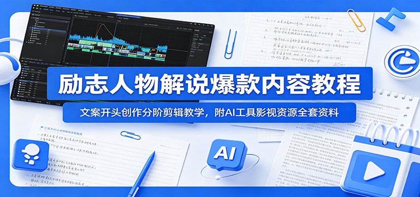励志人物解说爆款内容教程:文案开头创作分阶剪辑教学,附AI 工具影视资源全套资料-小艾项目网