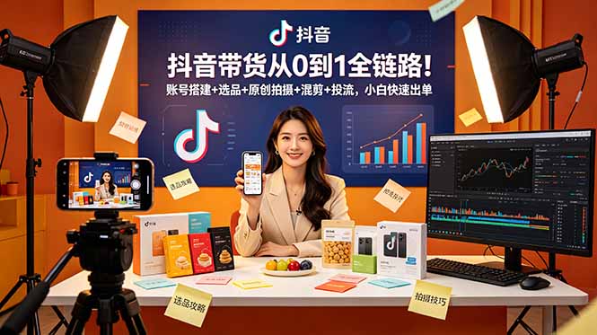 抖音带货从0到1全链路!账号搭建+选品+原创拍摄+混剪+投流,小白快速出单-小艾项目网