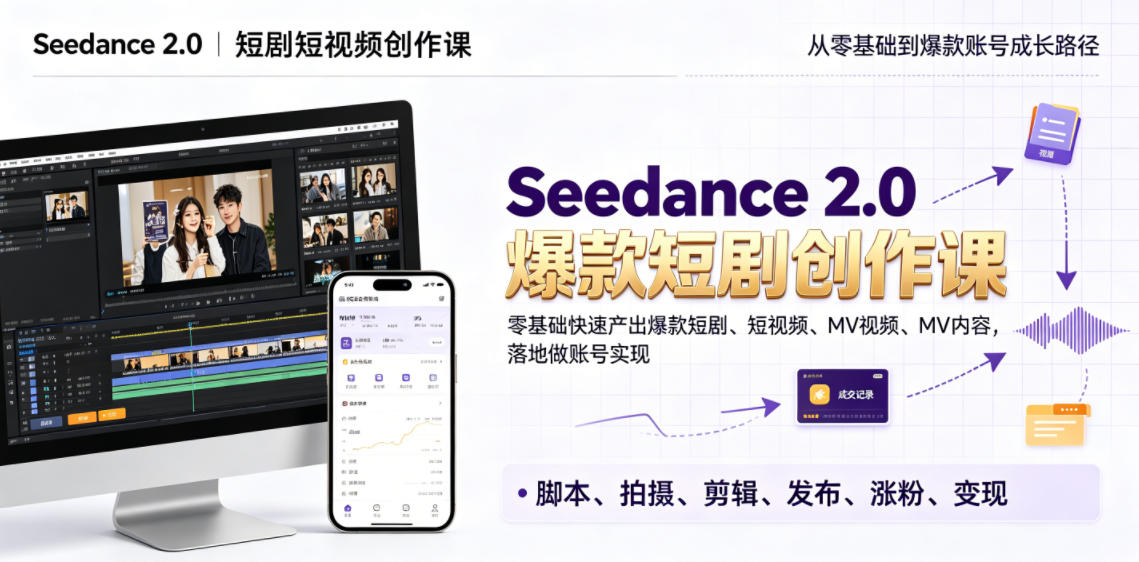 Seedance 2.0短剧短视频创作课,零基础快速产出爆款短剧、短视频、MV内容,落地做账号实现变现-小艾项目网