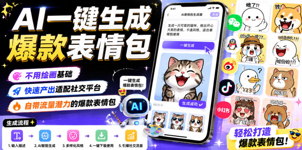 AI一键生成爆款表情包,不用绘画基础,快速产出适配社交平台,自带流量潜力的爆款表情包-小艾项目网