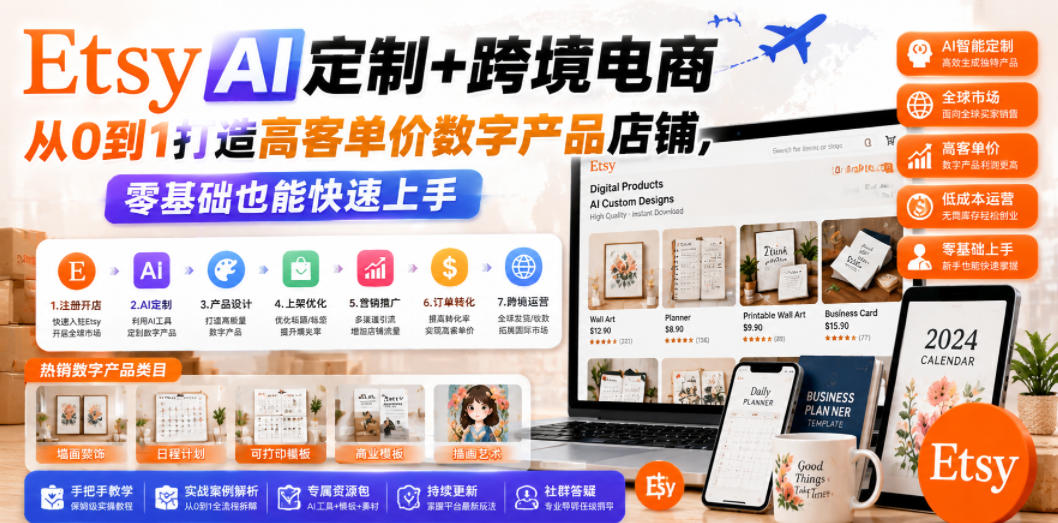 Etsy AI定制+跨境电商,从0到1打造高客单价数字产品店铺,零基础也能快速上手-小艾项目网
