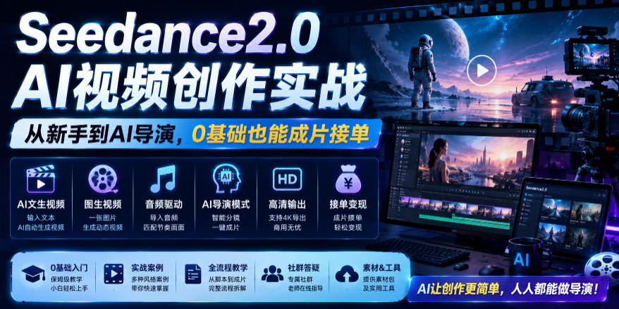 Seedance2.0 AI视频创作实战,从新手到AI导演,0基础也能成片接单变现-小艾项目网