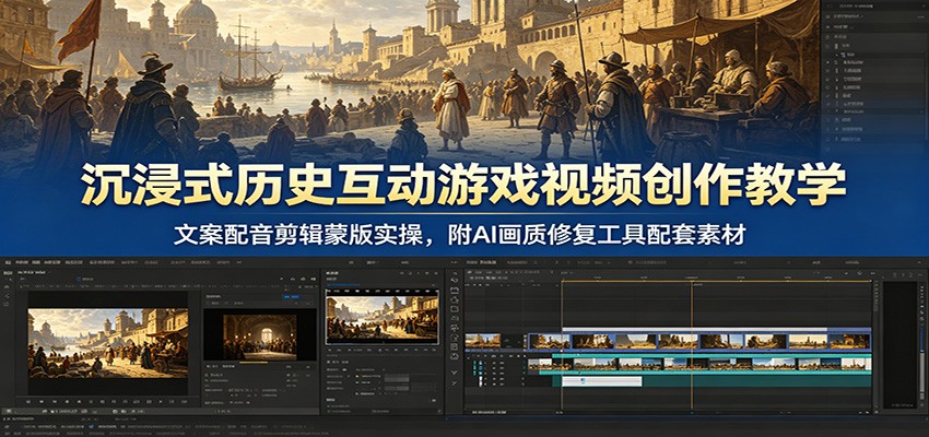 沉浸式历史互动游戏视频创作教学:文案配音剪辑蒙版实操,附AI画质修复工具配套素材-小艾项目网