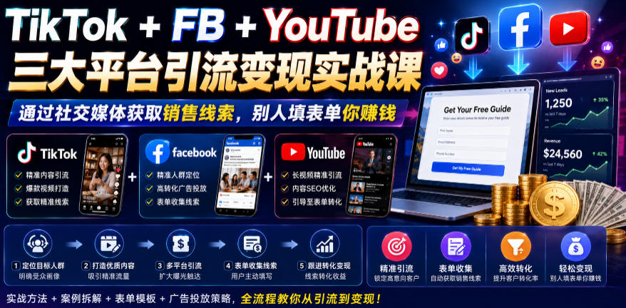 TikTok+FB+YouTube三大平台引流变现实战课,通过社交媒体获取销售线索,别人填表单你賺钱【原创双语字幕】-小艾项目网