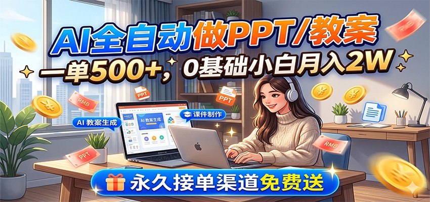 AI全自动做PPT/教案，一单500+，0基础小白月入2W，永久接单渠道免费送-小艾项目网