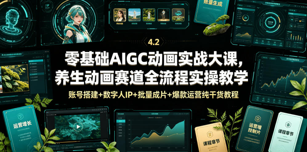 零基础AIGC动画实战大课，养生动画赛道全流程实操教学，账号搭建+数字人IP+批量成片+爆款运营纯干货教程-小艾项目网