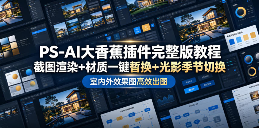 PS-AI大香蕉插件完整版教程，截图渲染+材质一键替换+光影季节切换，室内外效果图高效出图高阶课程-小艾项目网
