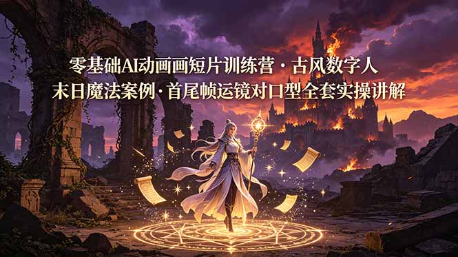 零基础AI动画短片训练营，古风数字人末日魔法案例，首尾帧运镜对口型全套实操讲解-小艾项目网