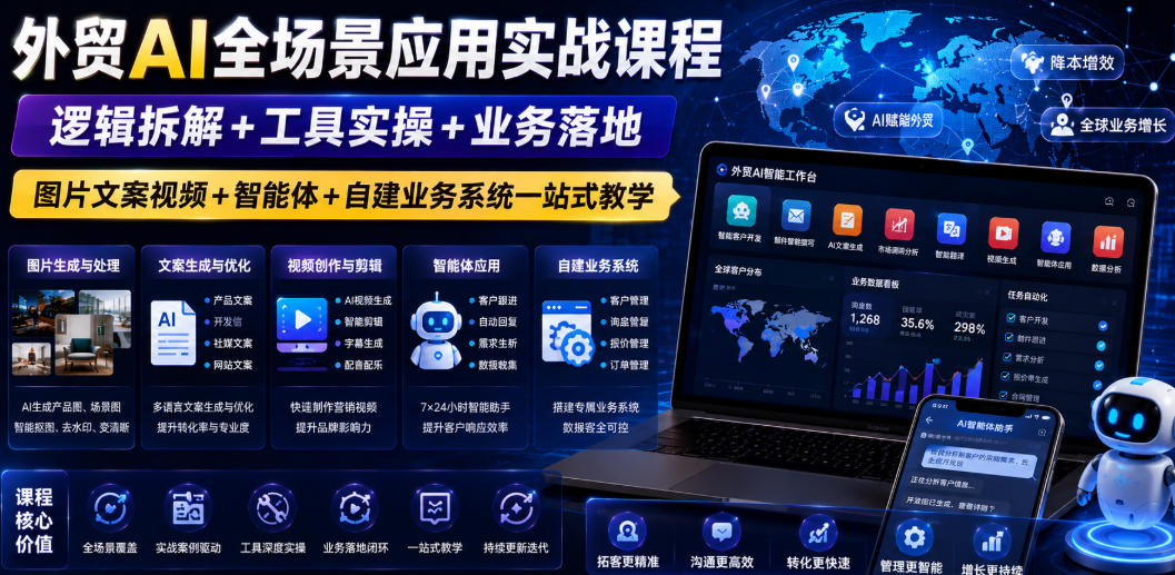 外贸AI全场景应用实战课程｜逻辑拆解+工具实操+业务落地，图片文案视频+智能体+自建业务系统一站式教学-小艾项目网