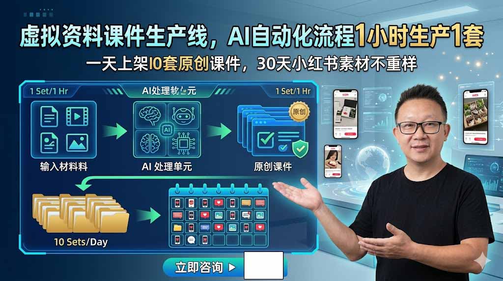 虚拟资料课件生产线，AI自动化流程1小时生产1套，一天上架10套原创课件，30天小红书素材不重样-小艾项目网