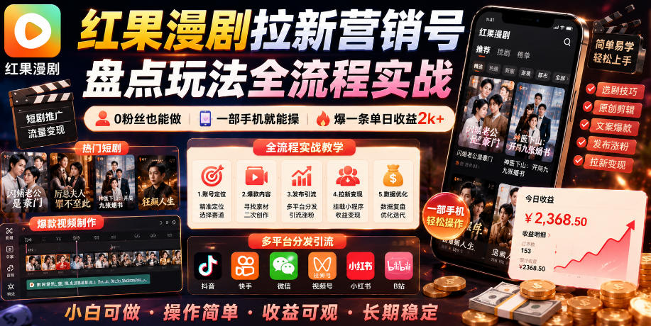 红果漫剧拉新营销号盘点玩法全流程实战，0粉丝也能做，一部手机就能做，爆一条单日收益2k+(更新0628)-小艾项目网