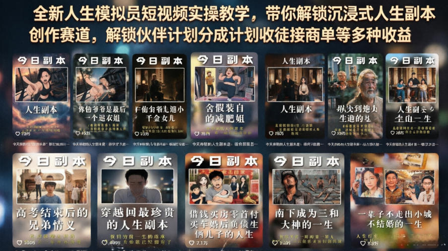 全新人生模拟员短视频实操教学，带你解锁沉浸式人生副本创作赛道，解锁伙伴计划分成计划收徒接商单等多种收益-小艾项目网