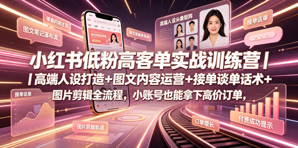 小红书低粉高客单实战训练营｜高端人设打造+图文内容运营+接单谈单话术+图片剪辑全流程，小账号也能拿下高价订单-小艾项目网