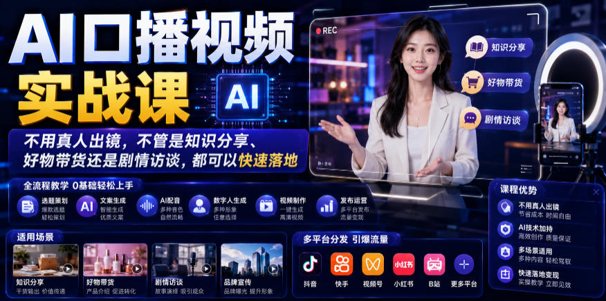 AI口播视频实战课，不用真人出镜，不管是知识分享、好物带货还是剧情访谈，都可以快速落地-小艾项目网