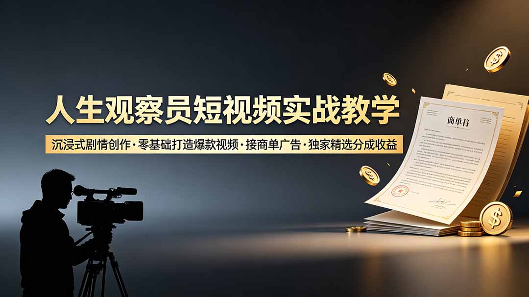 人生观察员短视频实战教学，沉浸式剧情创作，零基础打造爆款视频，接商单广告，独家精选分成收益-小艾项目网