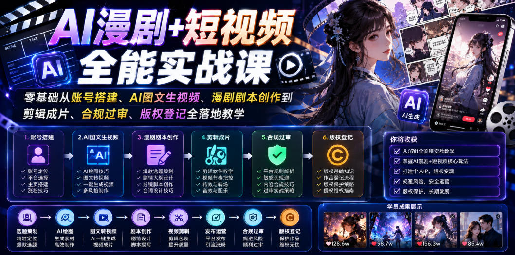 AI漫剧+短视频全能实战课｜零基础从账号搭建、AI图文生视频、漫剧剧本创作到剪辑成片、合规过审、版权登记全落地教学-小艾项目网