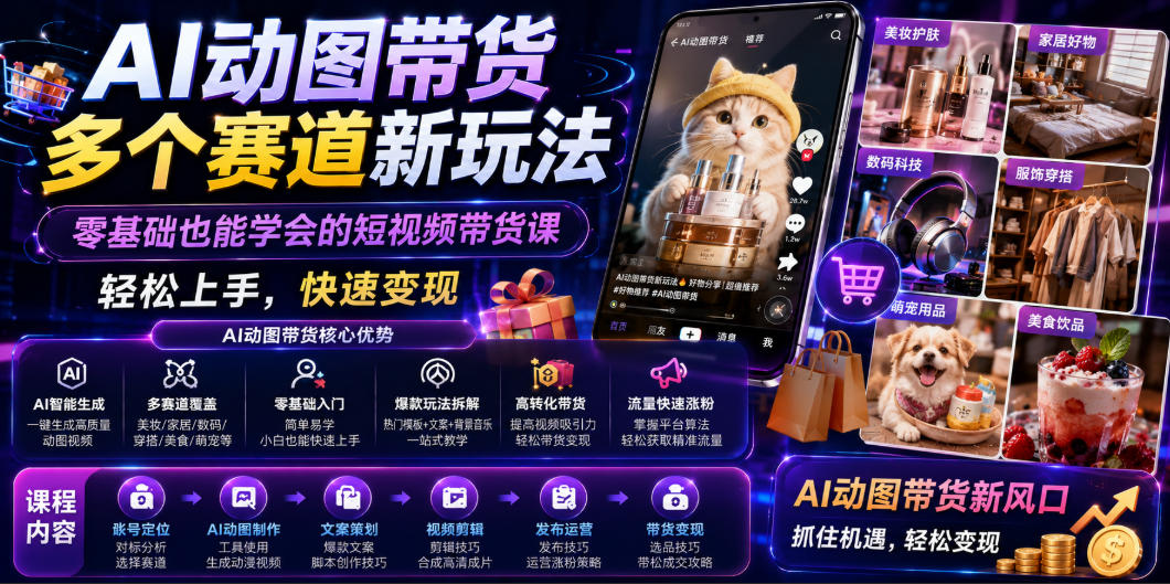 AI动图带货多个赛道新玩法，零基础也能学会的短视频带货课，轻松上手，快速变现-小艾项目网