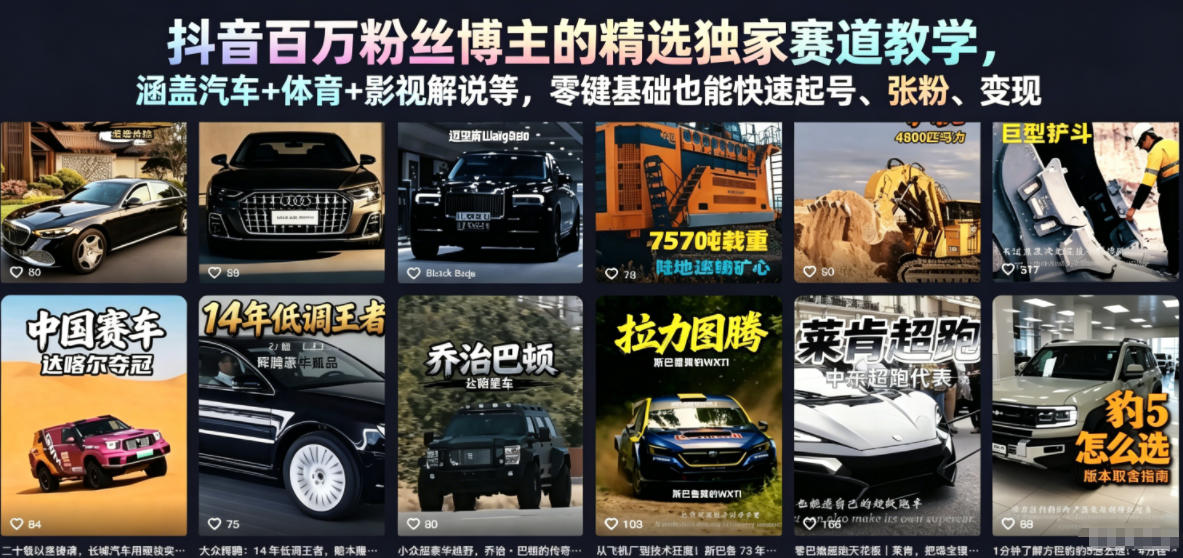抖音百万粉丝博主的精选独家赛道教学,涵盖汽车+体育+影视解说等,零基础也能快速起号、涨粉、变现(更新0701)-小艾项目网