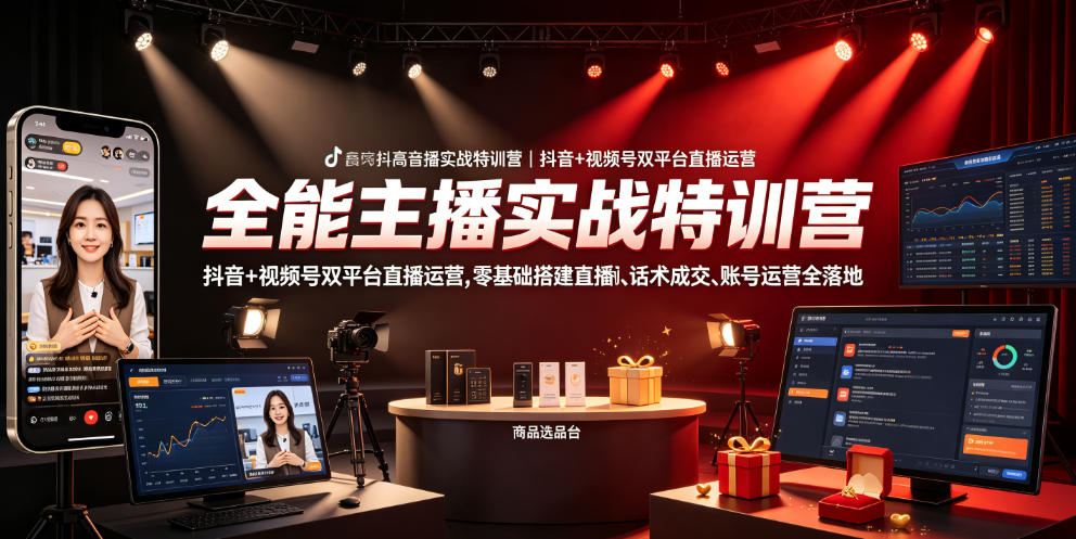 全能主播实战特训营|抖音+视频号双平台直播运营,零基础搭建直播间、精准选品、话术成交、账号运营全落地-小艾项目网